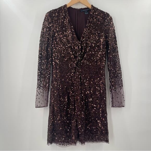 FRENCH CONNECTION Dress Size 4 Emille Sparkle Long Sleeve Sequin Sheath Brown - Picture 14 of 15